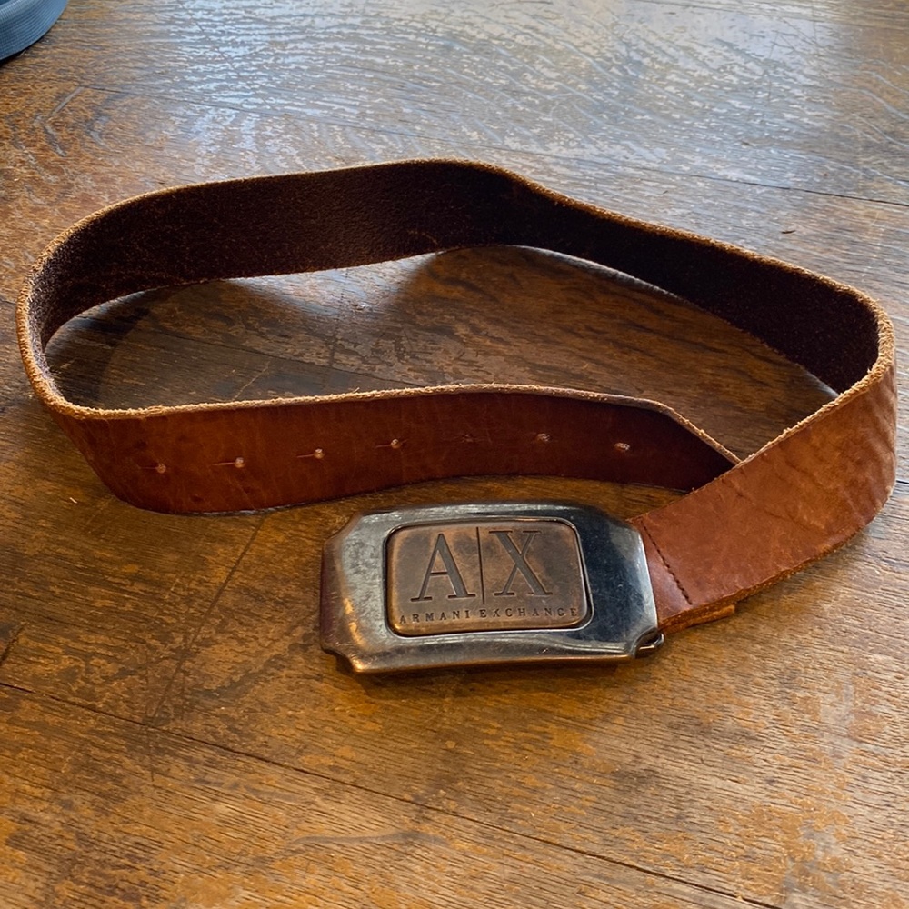 Vintage Armani Exchange Brown leather belt Large mixed metal buckle